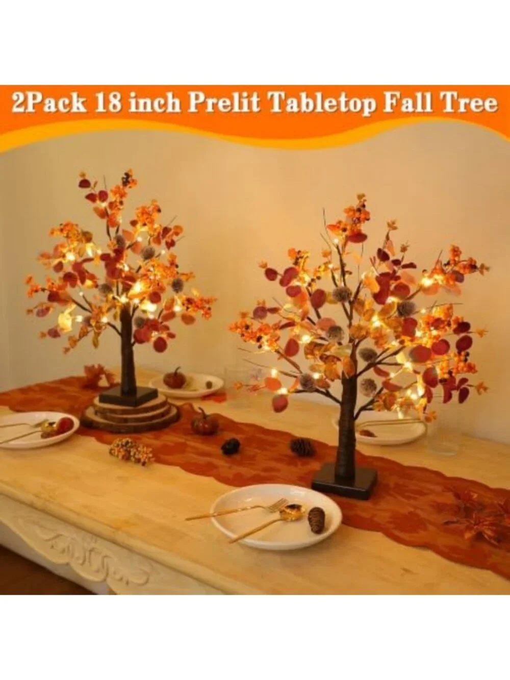 Prelit Fall Trees 18 Inch Tabletop Decor - 2 Pack with 48 LED Timer Lights